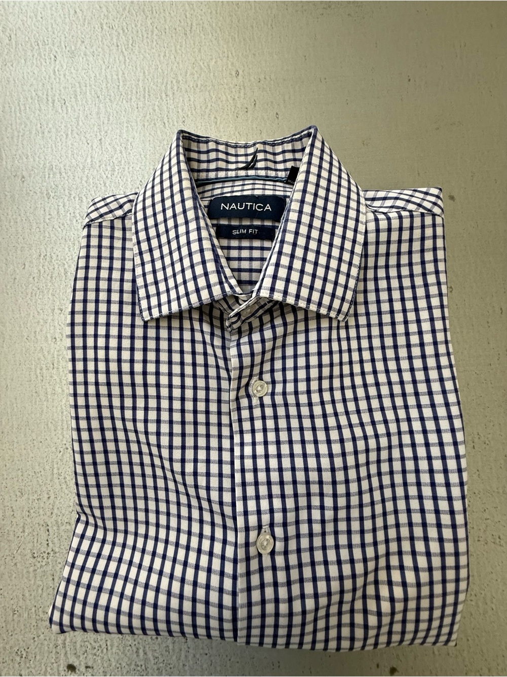 Nautica Navy and White Checked Slim Dress Shirt
